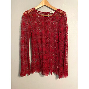 Double Zero Womens Tunic Size Small Red Floral Crochet Lace Sheer Festival READ